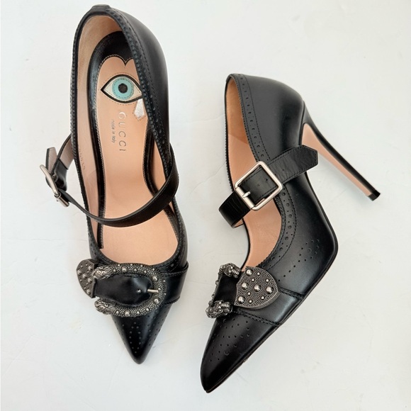 Gucci Black Leather Dionysus Perforated Mary Jane Pumps EU 37.5 - Picture 1 of 10